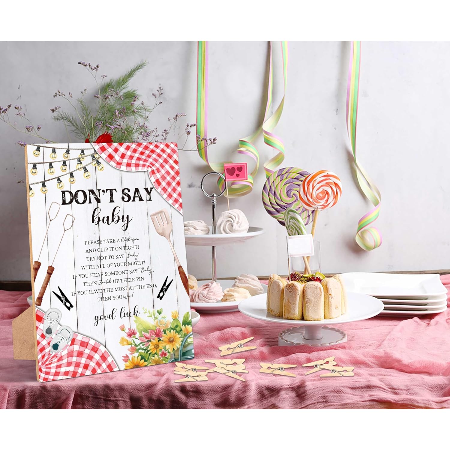 Bbq Don'T Say Baby Clothespin Game, Pack Of 1 Wooden Tabletop Sign With Stand And 50 Mini Natural Clothespins, Backyard Baby Shower Game, Gender Reveal Party Decorations - Qx13