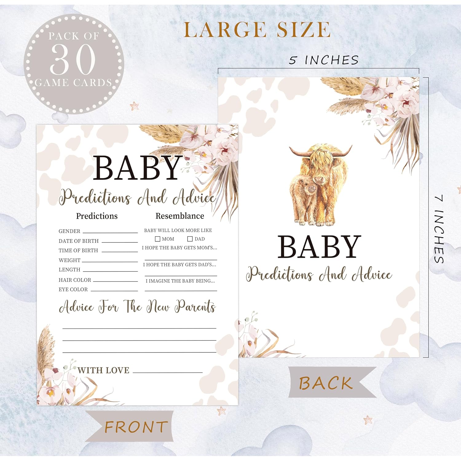 Boho Cow Baby Predictions And Advice Cards, Baby Shower Game, Pack Of 30 Game Cards, Gender Neutral Boy Or Girl, Fun Baby Game And Activity - Fa30