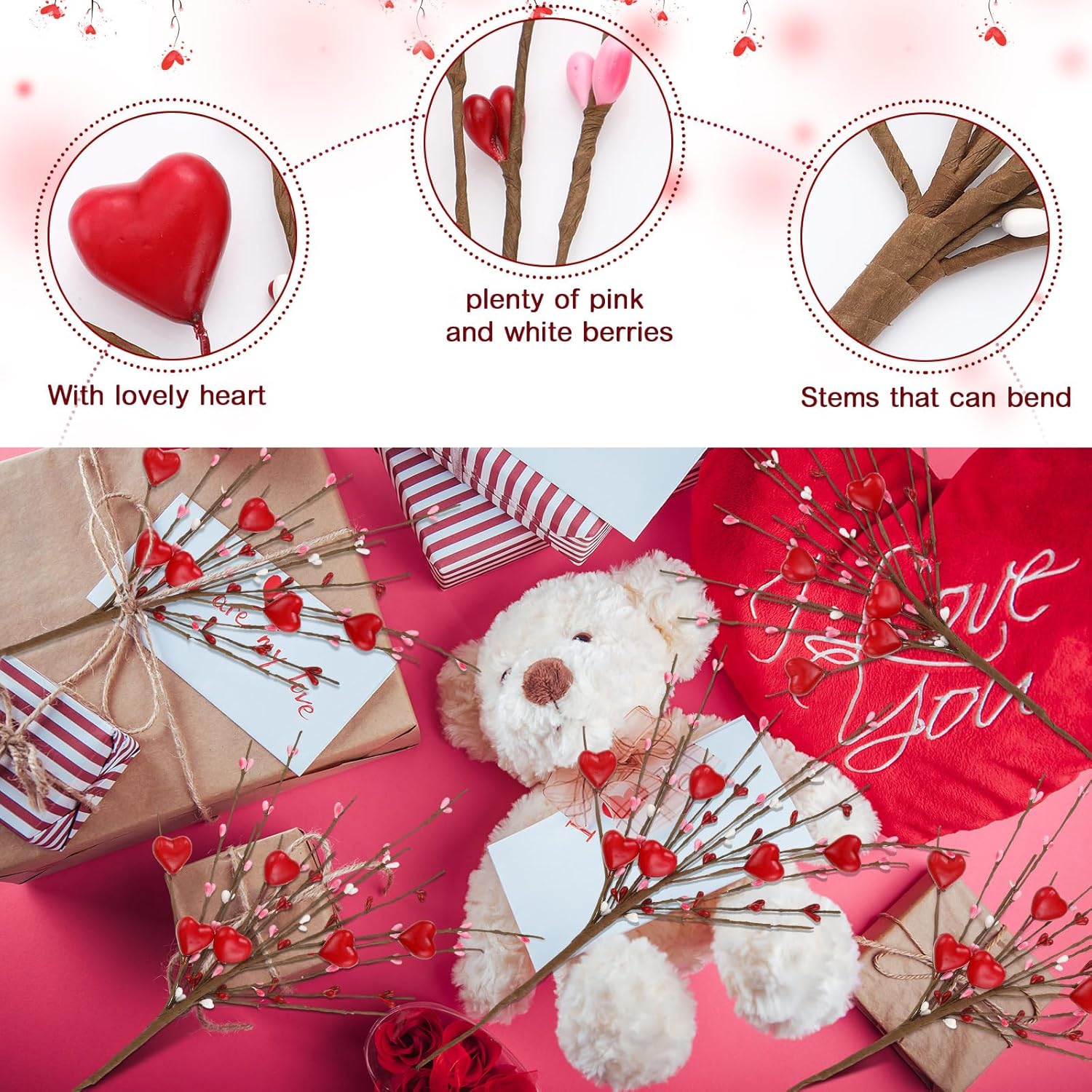 24 Pcs Valentine'S Day Artificial Berry Flower Stems Heart Shape Floral Picks Sprays Branches For Spring Mother'S Day Xmas Bridal Wedding Decoration Table Decor Vase Filler(Red)