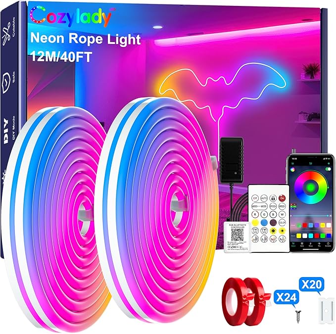 40FT RGB Neon LED Rope Light Waterproof Bluetooth App Remote Music Sync Flexible Strip