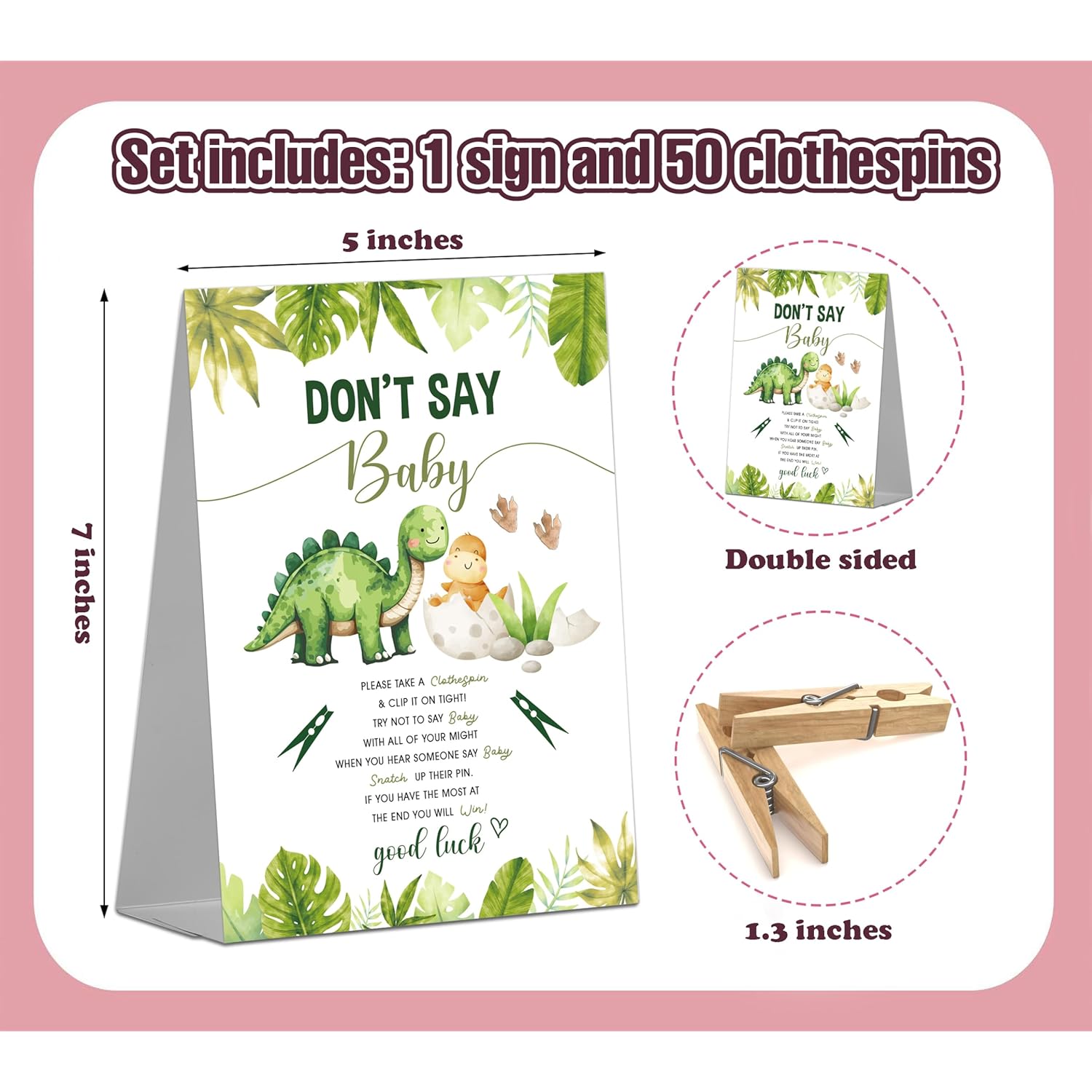 Don'T Say Baby Game Sign With 50 Mini Clothespins - Jungle Dinosaur Shower For Gender Reveal Party Decorations, Favors Supplies (Mq-1-15)