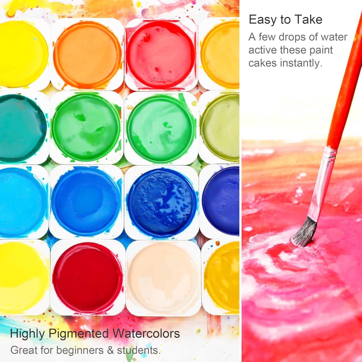 PHOENIX 24 Colors Watercolor Cakes with Plastic Palette & Paint Brush Non Toxic Gouache Paint Travel Watercolor Kit for Students, Beginners