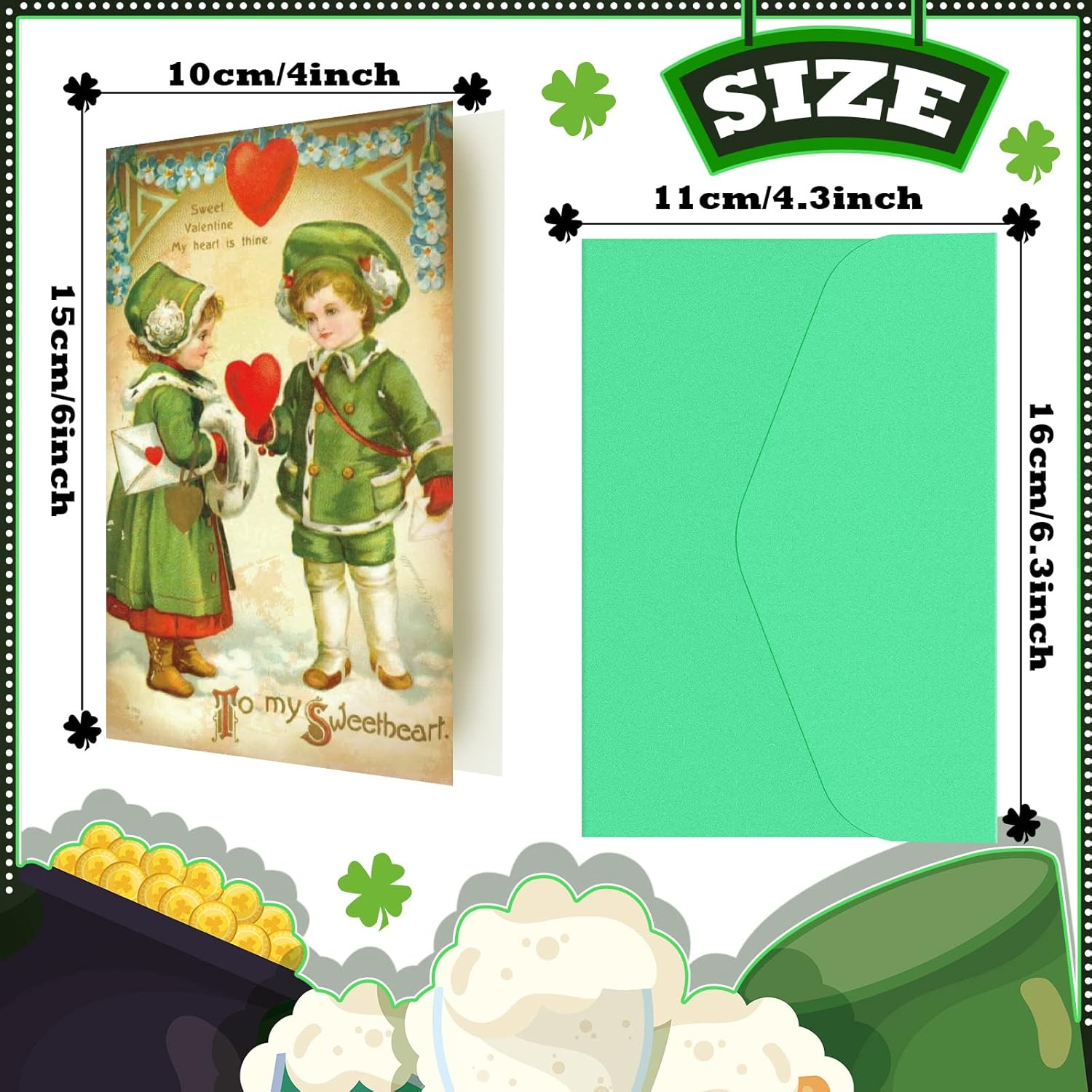 24 Set St Patrick'S Day Cards With Envelopes Vintage Green St Patrick'S Day Shamrock Greeting Cards Retro Clover Irish Cards For Party Classroom Home Office Business (Cute Style)