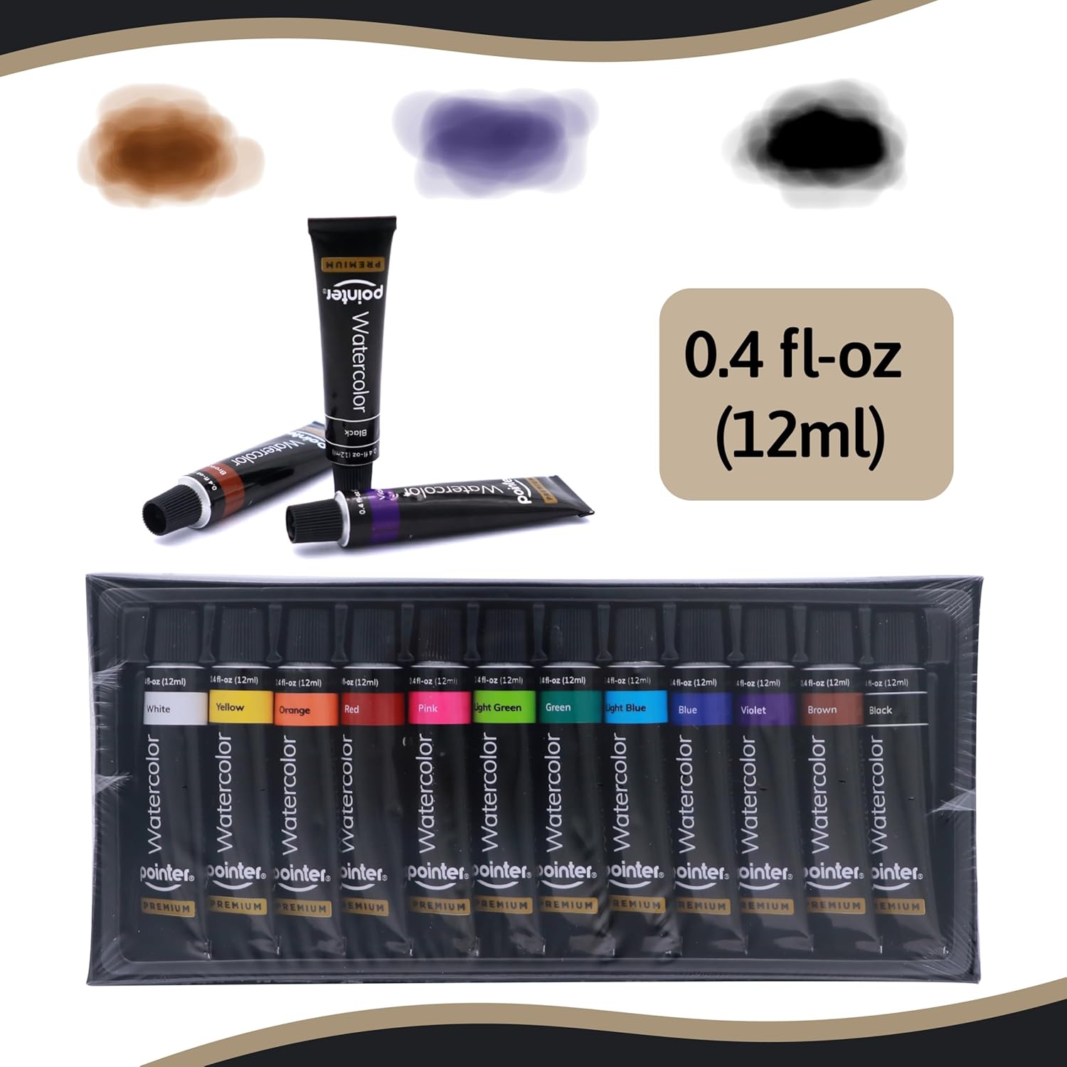 Premium Watercolor Paint Set, 12 Bright Colors, 0.4 Fl Oz Tubes