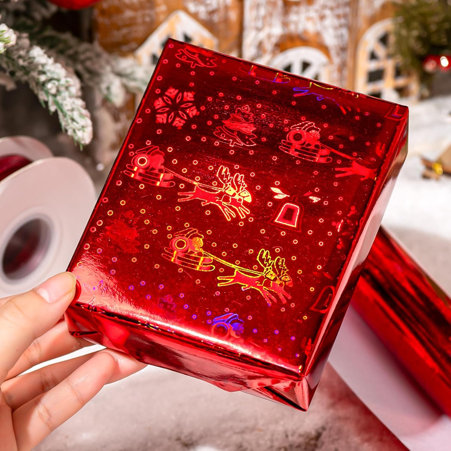 Holographic Wrapping Paper Roll, Thick Gift Wrap Paper Mini Roll 17 Inches X 32.8 Feet - Red Sleigh/Snowflakes/Reindeer/Bells Design For Christmas New Year Holiday