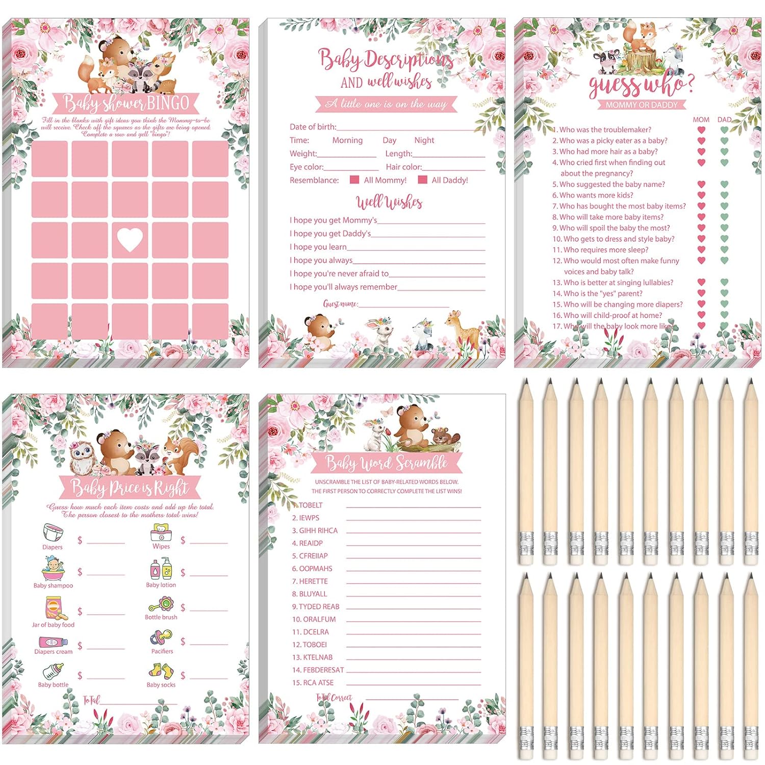 145 Pieces Woodland Baby Shower Game Floral Forest Animals 5 Games Set Funny Activities With 20 Pencils For Kids Include Baby Descriptions And Wishes