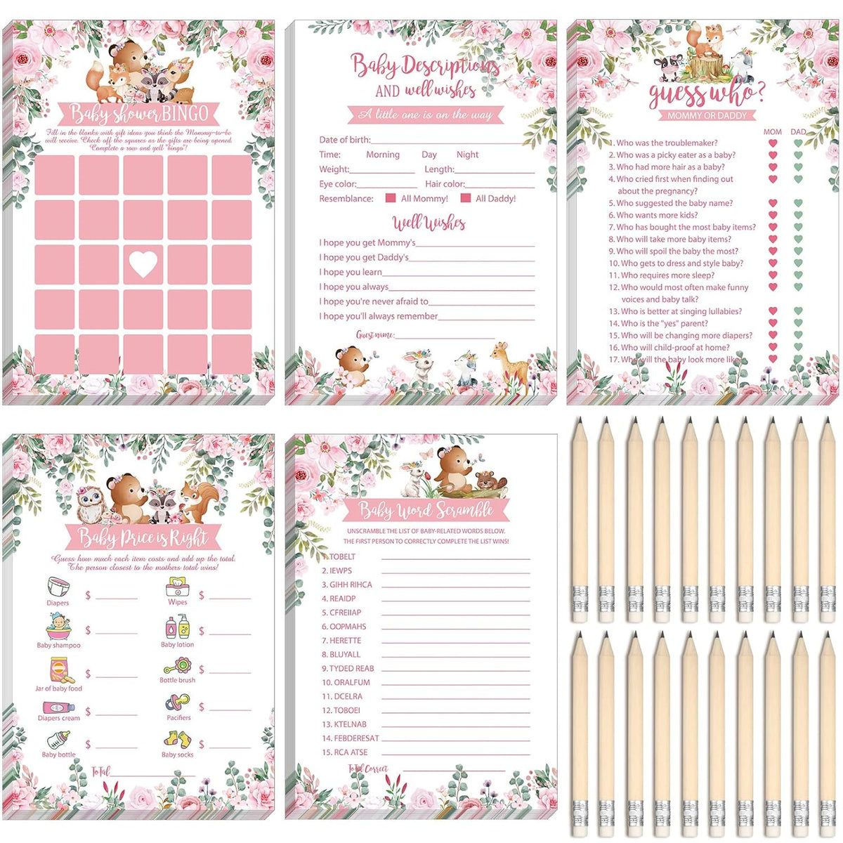145 Pieces Woodland Baby Shower Game Floral Forest Animals 5 Games Set Funny Activities With 20 Pencils For Kids Include Baby Descriptions And Wishes