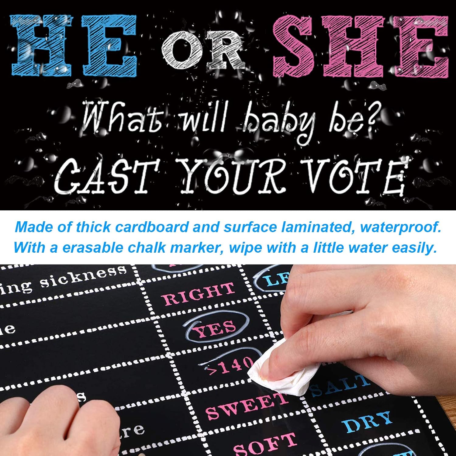 Baby Gender Reveal Party Supplies Kit, Photo Props Games Decorations,Boy Or Girl, Includes 3 Game Posters (11X17), 3 Signs (8X10), 1 Erasable Marker, 48 Blue And Pink Voting Stickers