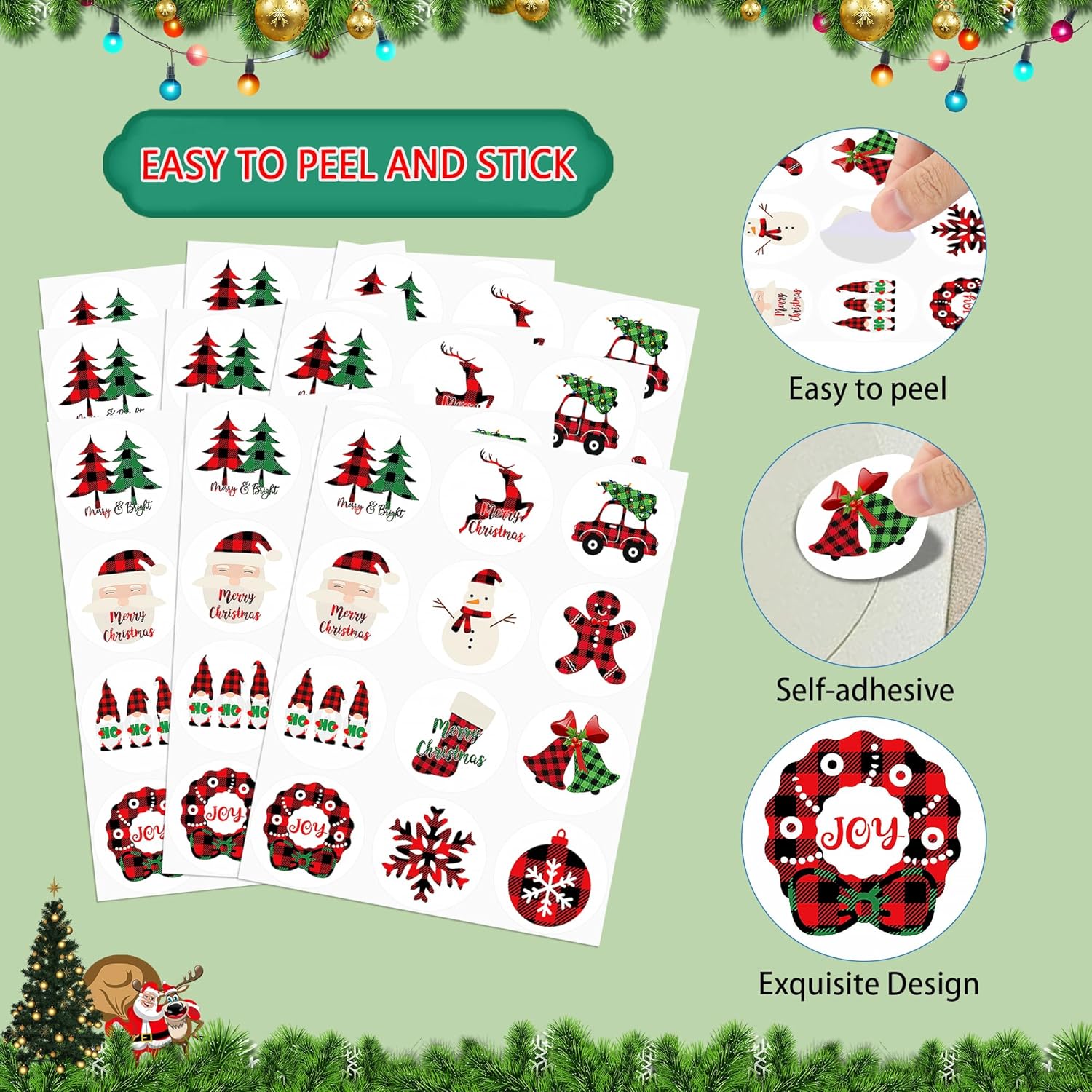 360Pcs Assorted Christmas Buffalo Plaid Stickers For Candy Goodie Envelopes Cards, Round Christmas Envelope Seals Gift Present Wrap Decoration