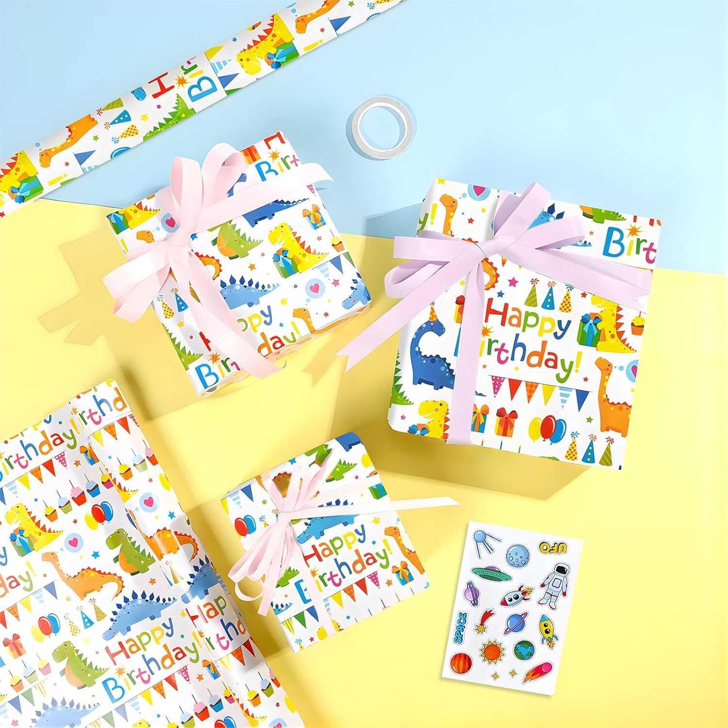 Happy Birthday Dinosaur Wrapping Paper Roll, 17 Inch X 32.8 Feet 1 Roll, Cute Wrapping Paper, Dinosaur Party Favor, Baby Showers, Happy Bday Wrap, Christmas Wrapping Paper Design , Wrapping Paper Rolls Gift Wrap Paper Parties