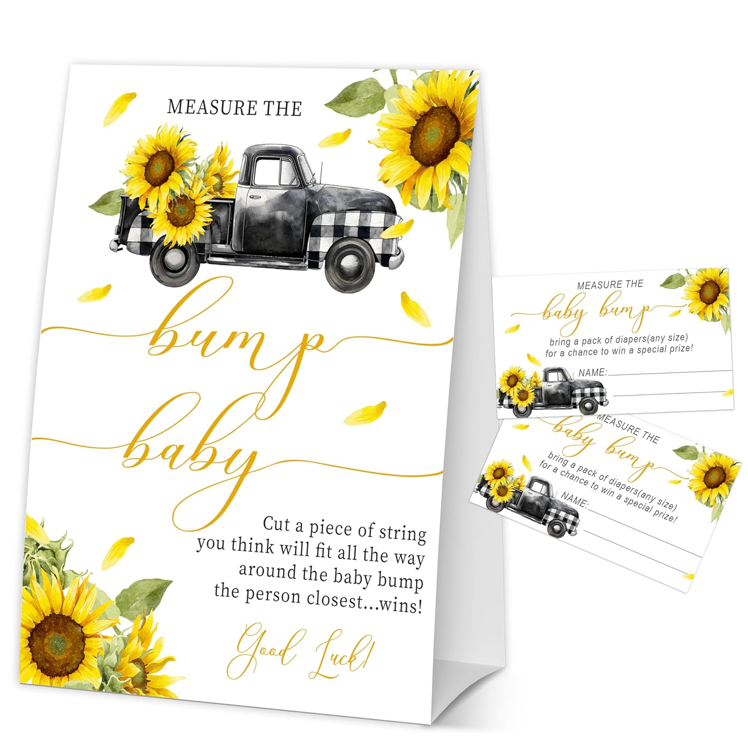 How Big Is Mommys Belly Game, Baby In Bloom Measure The Baby Bump Baby Shower Game, Sunflower Truck Baby Shower Party Decor & Supplies, 1 Sign & 50 Guess Cards-A06