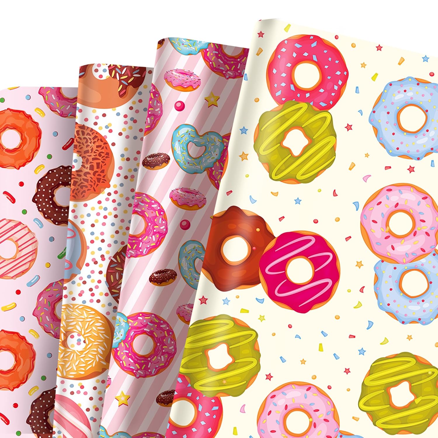 12 Pcs Gift Wrapping Paper, Donut Cartoon Theme Design Wrapping Paper For Children'S Birthday, Holiday Party, Baby Shower Gifts Packing Supplies(27 X 20 Inches Each)