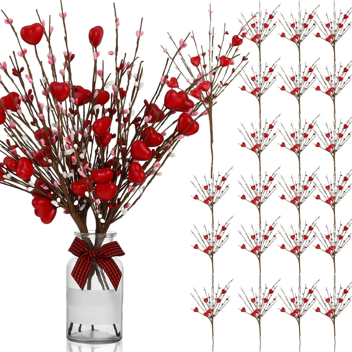 24 Pcs Valentine'S Day Artificial Berry Flower Stems Heart Shape Floral Picks Sprays Branches For Spring Mother'S Day Xmas Bridal Wedding Decoration Table Decor Vase Filler(Red)