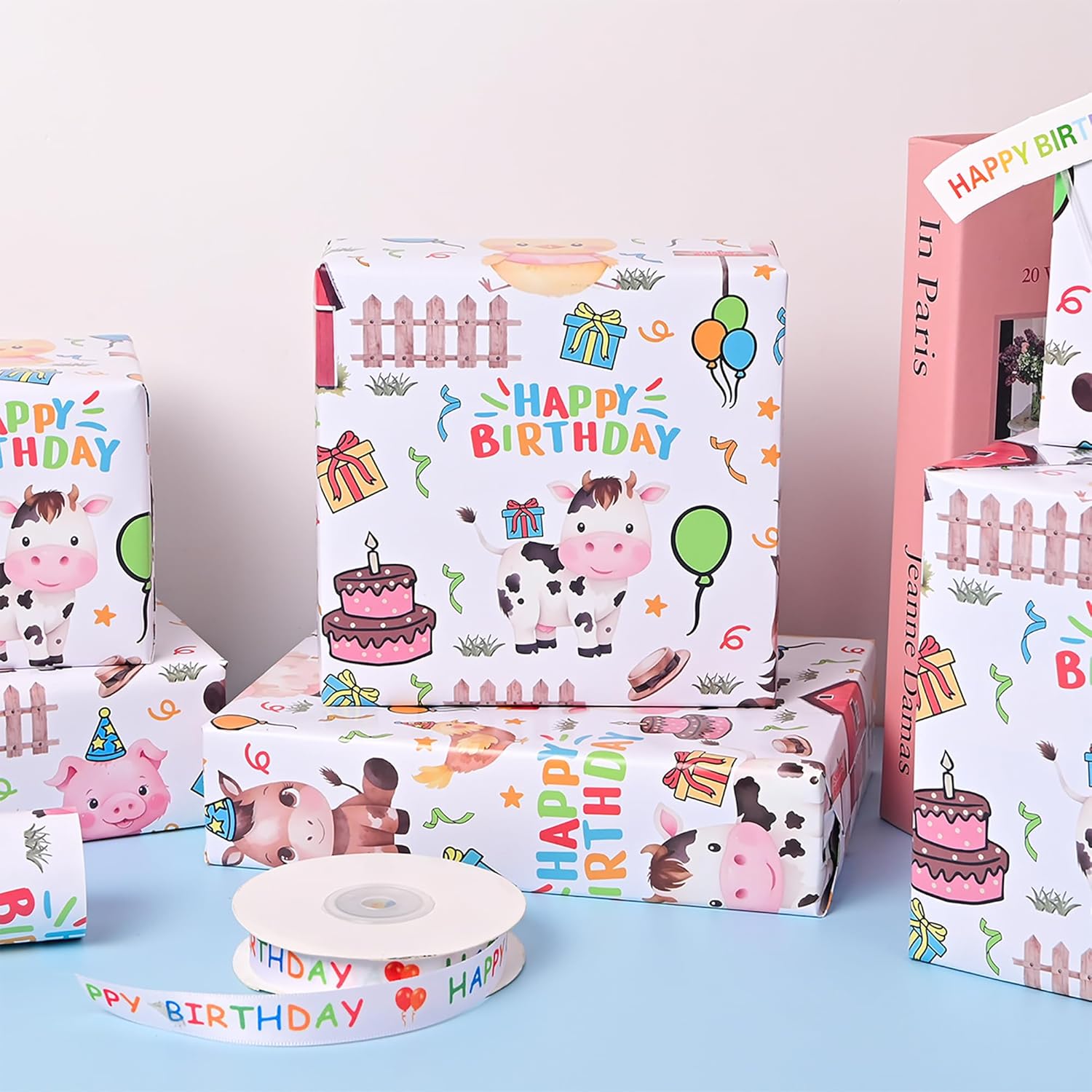 Farm Animal Wrapping Paper Roll For Boys Girls Kids - Cute Cow, Chick, Sheep, Horse Design Birthday Gift Wrap For Baby Shower Holiday Birthday Party - 17 In X 20 Ft(Total 28.5Sq.Ft)