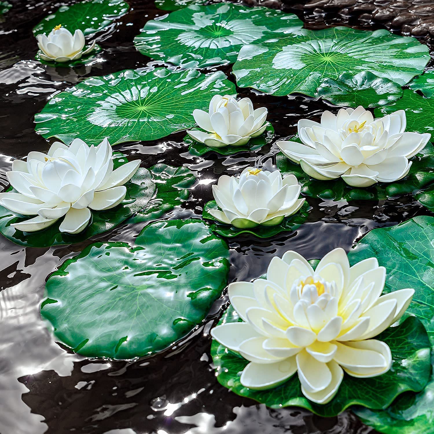 16Pcs Artificial Floating Pool Flowers, 7In & 4In Fake Water Lily Pads Flowers, Lotus Flower Floating Pool Decorations