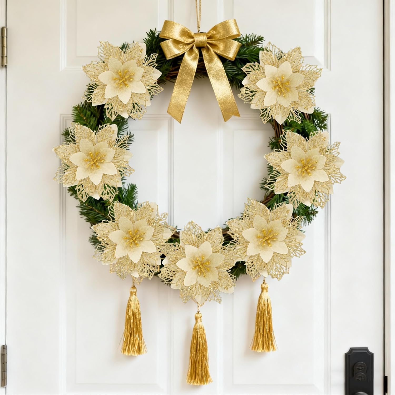 Glitter Poinsettia For Christmas Tree, 12 Pcs Artificial Christmas Flowers With Clips Stems Xmas Tree Ornaments For Wedding Party Wreath Decoration (New Gold)