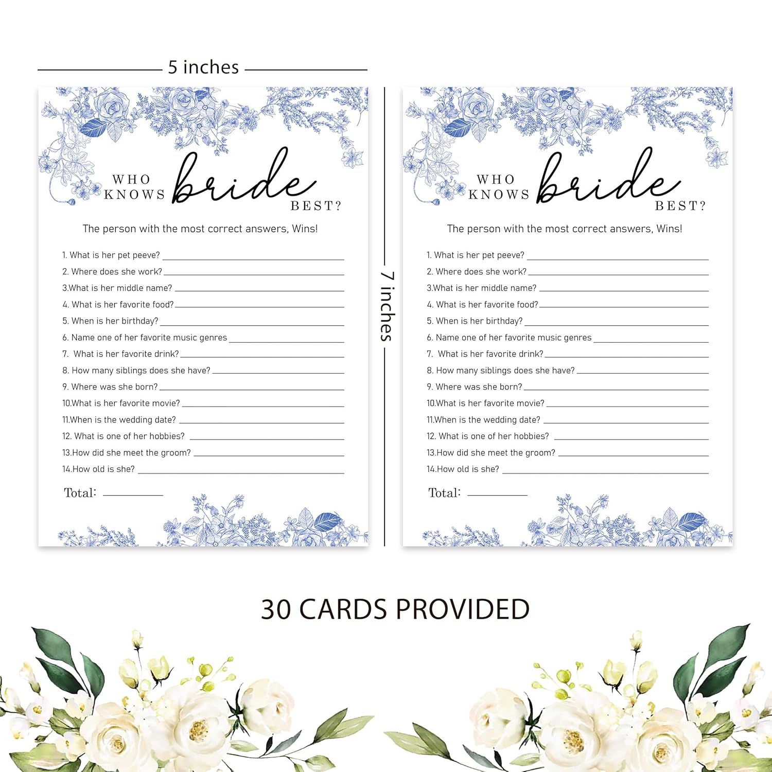 Who Knows The Bride Best Bridal Shower Game-Set Of 30, Blue Floral Bridal Shower Cards, Wedding Party Game Cards For Guests,Something Blue Before I Do Decorations, Bridal Shower Ideas-Hlyxb01