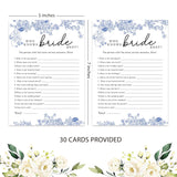 Who Knows The Bride Best Bridal Shower Game-Set Of 30, Blue Floral Bridal Shower Cards, Wedding Party Game Cards For Guests,Something Blue Before I Do Decorations, Bridal Shower Ideas-Hlyxb01