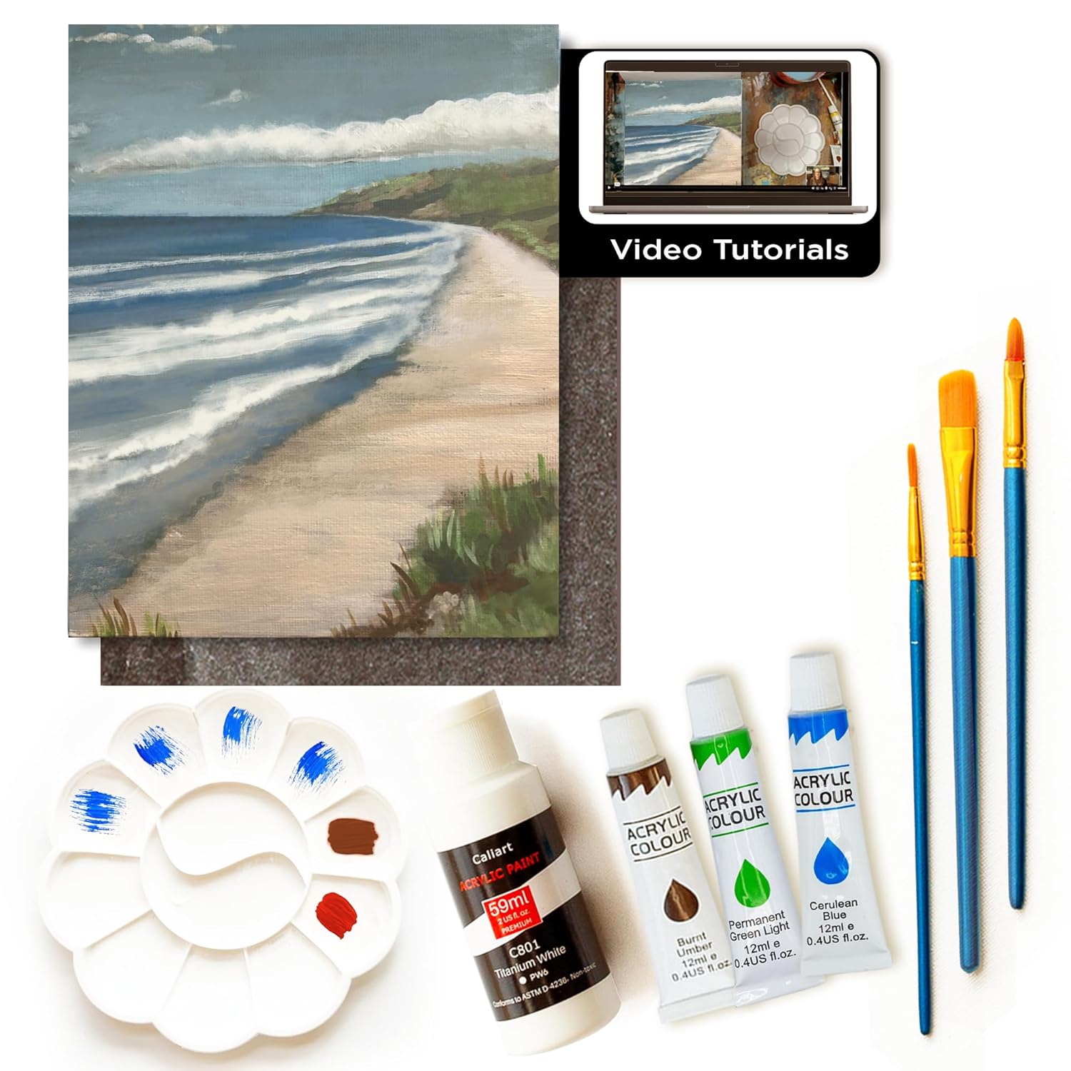 Diy Art Painting Kit For Adults With Video Tutorials – Learn To Paint Atlantic Coast - 9 Pieces Acrylic Paint Set For Adults, Perfect Holiday & Birthday Gift For Art Lovers, Beginner