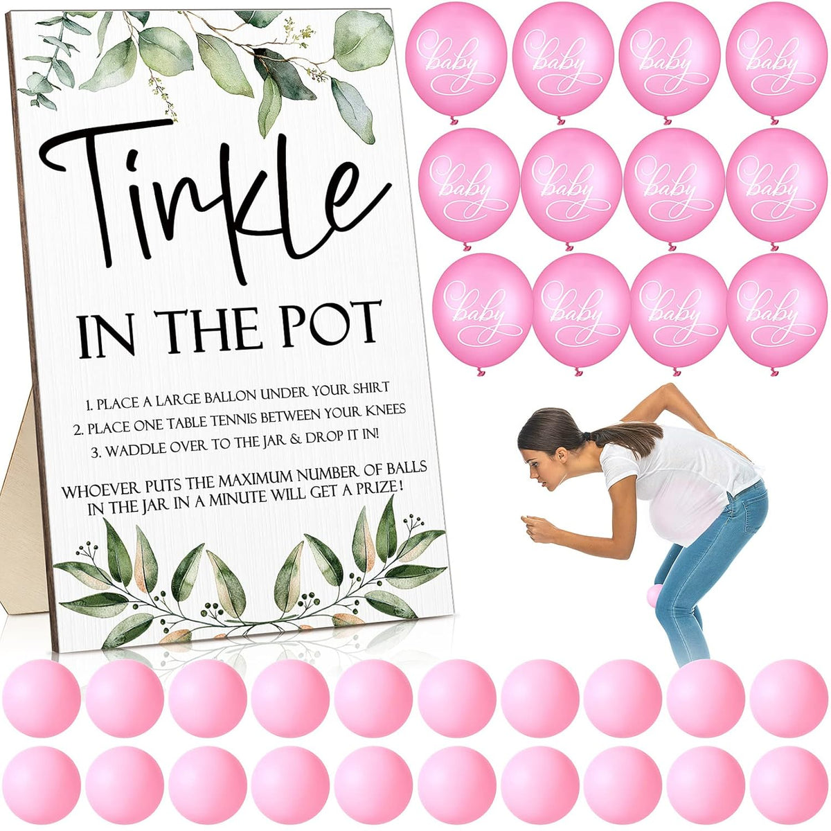 71 Baby Shower Game Sign Wooden Baby Shower Tinkle In The Pot Game Sign Gender Reveal Party Favors 20 Table Tennis Balls 50 Balloon Latex Balloon(Pink)