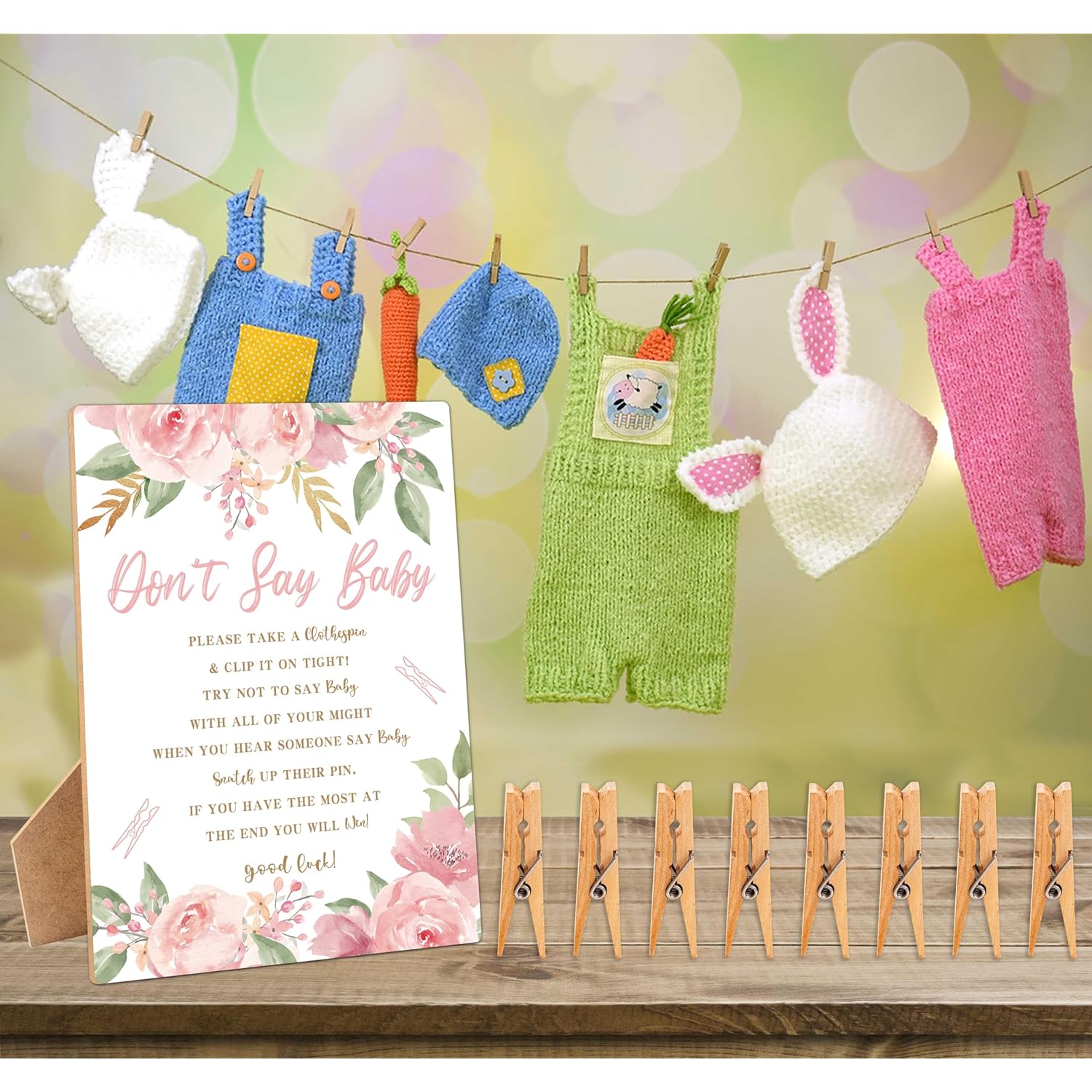 Don'T Say Baby Clothespin Games Sign, Pink Flowers Baby Shower Games, 1 Wooden Sign With 50 Mini Clothespins, Game Activity For Baby Shower, Gender Reveal Party Favors Decorations