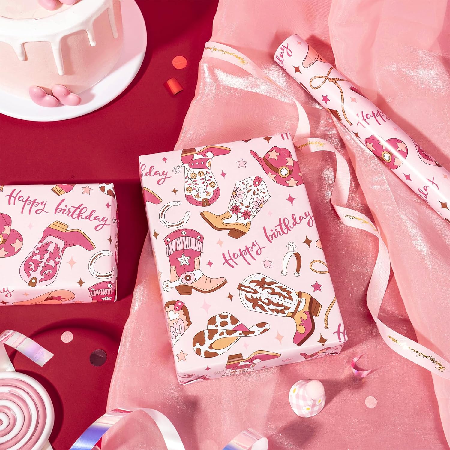 Pink Cowgirl Birthday Wrapping Paper Roll, Festive Western Design, Greetings, For Girl'S Birthday Party, Gift Wrap, Diy Crafts, 17 Inches X 16.5 Feet (23.2 Sq.Ft.)