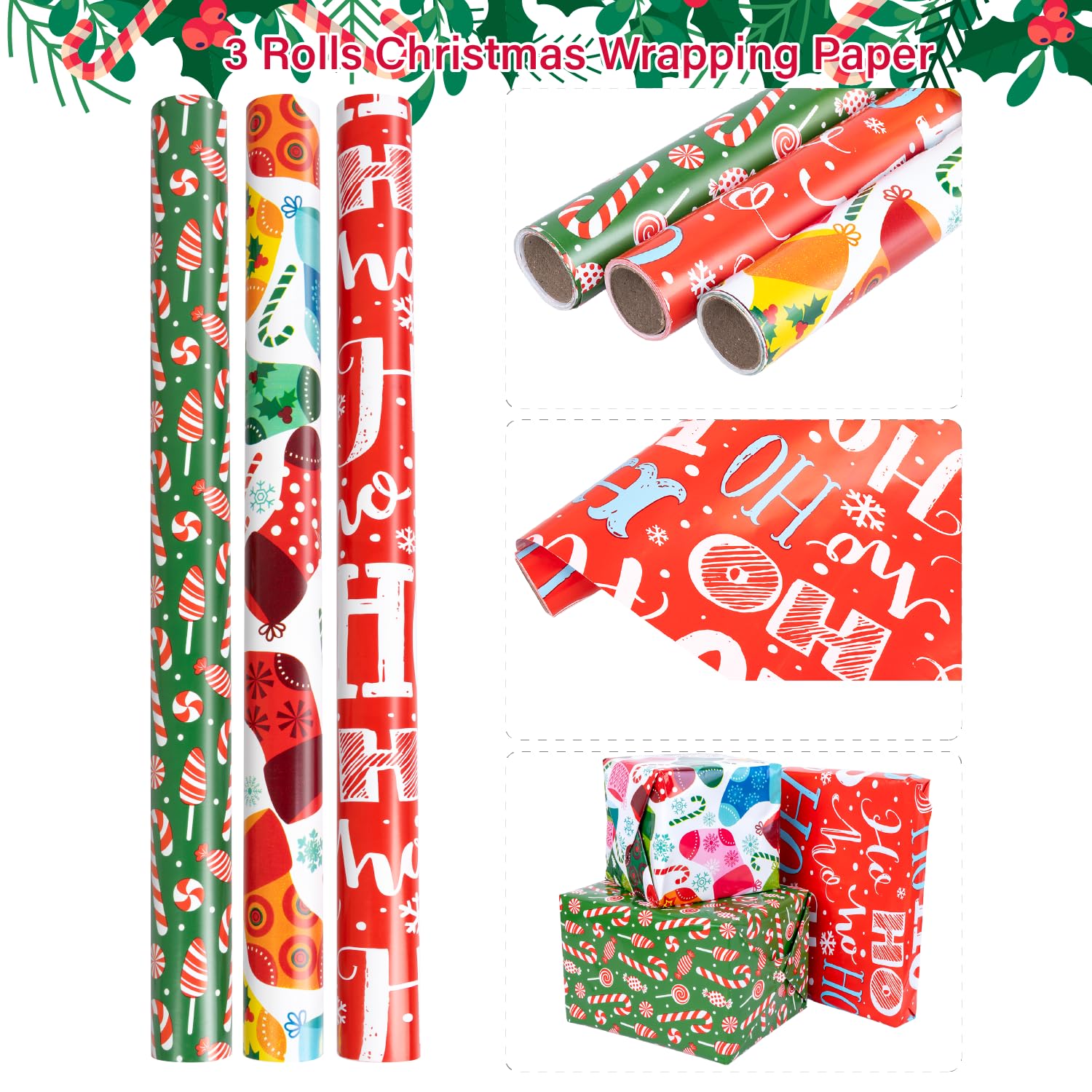 17 Inches X 9 Feet Christmas Wrapping Paper Roll, Mini Roll, 3 Rolls, With Christmas Stocking, Merry Christmas, Candies Holiday Design, Suitable For Xmas, Gift Packaging, Xmas Parties
