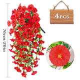 4 Pcs Fake Hanging Plants Artificial Flowers For Outdoors, Silk Petunia Faux Flowers Look Real Trailing Vines Uv Resistant Faux Plants For Home Planter Porch Patio(4 Red)