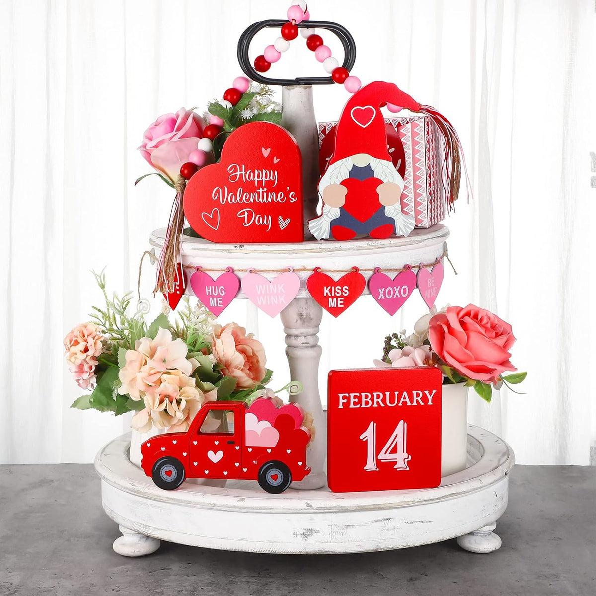 10 Pieces Valentine Gnome Tiered Tray Decor (Tray Not Included), Valentine Wood Heart Shaped And Bead Garland Decoration For Wedding Living Room Wall Decor(Romantic)