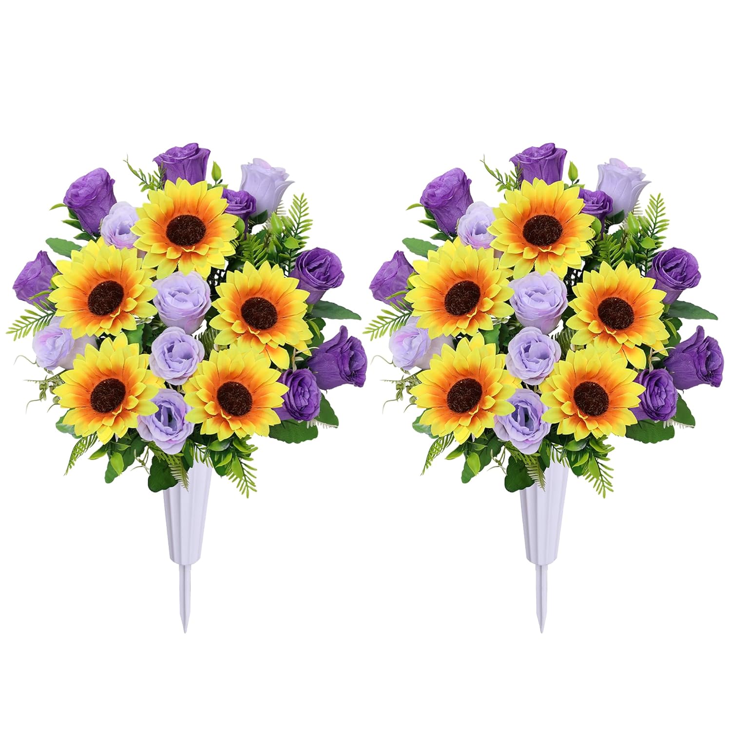 Artificial Cemetery Flowers For Grave,Set Of 2 Artificial Rose Sunflower Bouquet Graveyard Memorial Flowers For Outdoor Grave Decorations ? (Purple)