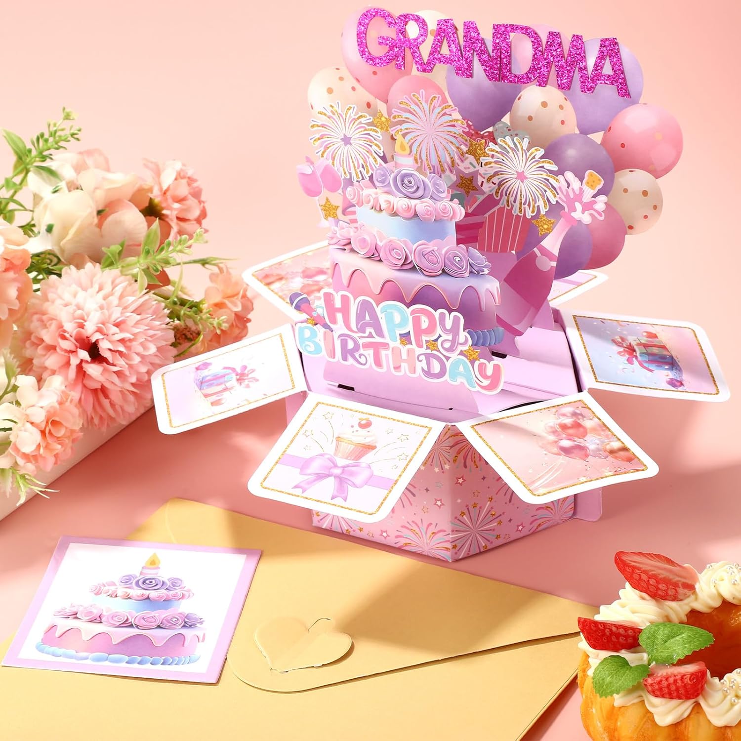 Happy Birthday Grandma Pop Up Card, 3D Creative Greeting Box With Envelope & Extra Note Card Ideal Birthday Decoration Gift Supplies For Granny Nana