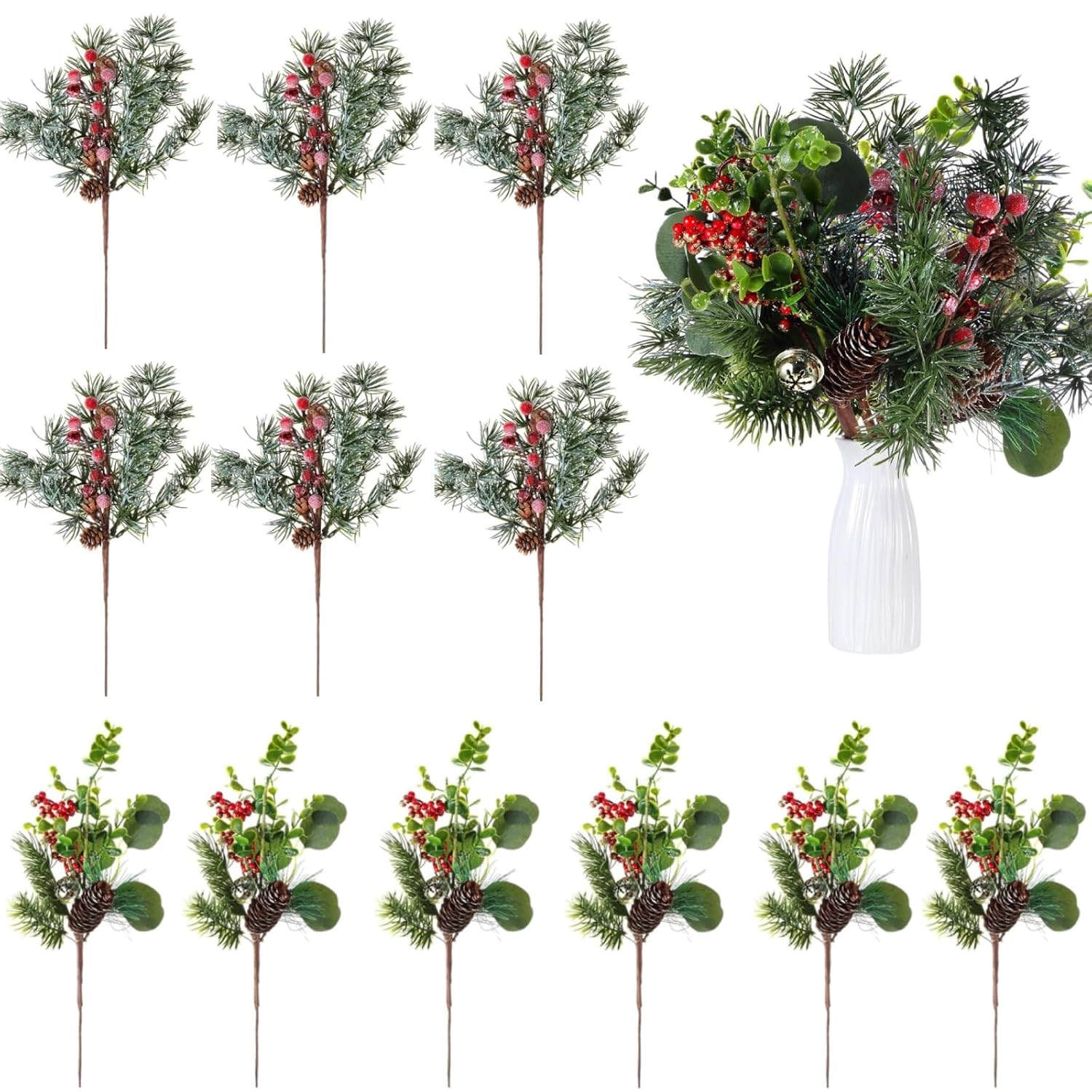 12 Pcs Artificial Christmas Picks Red Berry Pine Picks 12 Inch Berry Branches Holly Pine Flower Pick Berry Pine Cones For Christmas Crafts Winter Holiday Decoration
