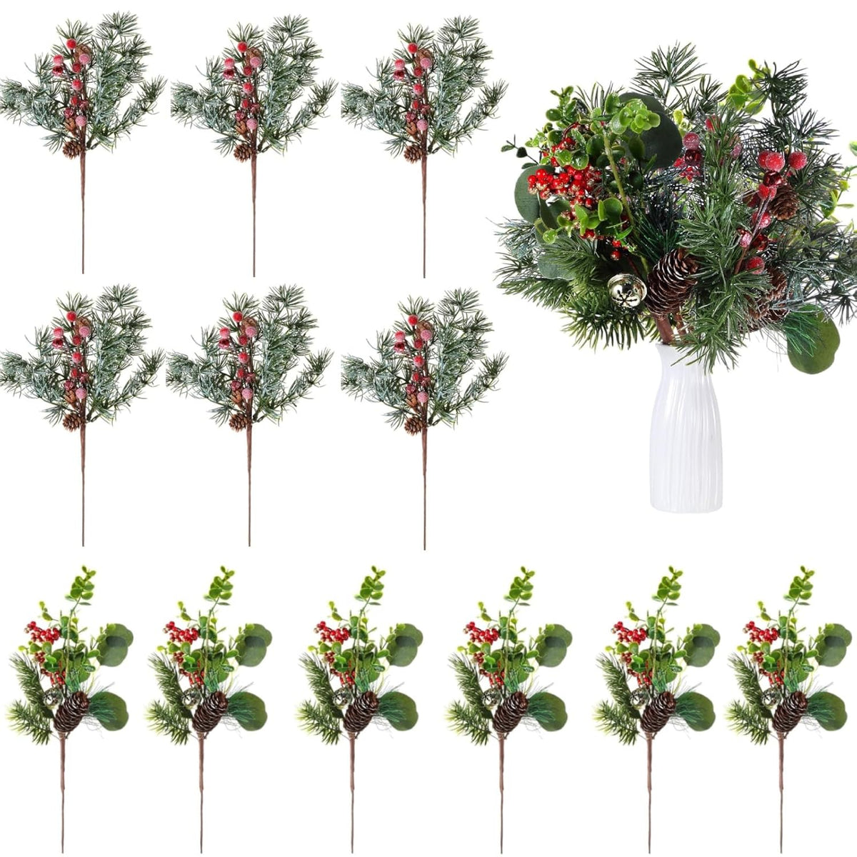 12 Pcs Artificial Christmas Picks Red Berry Pine Picks 12 Inch Berry Branches Holly Pine Flower Pick Berry Pine Cones For Christmas Crafts Winter Holiday Decoration