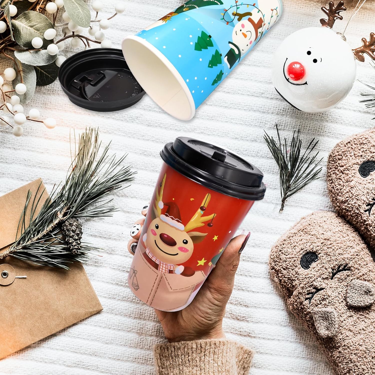 24 Pcs 16 Ounces Christmas Disposable Coffee Cups Merry Christmas Paper Cups With Lids And Sleeves For Holiday Cold Beverage Hot Chocolate Drinks Xmas Dinner Party Tableware Decorations Supplies