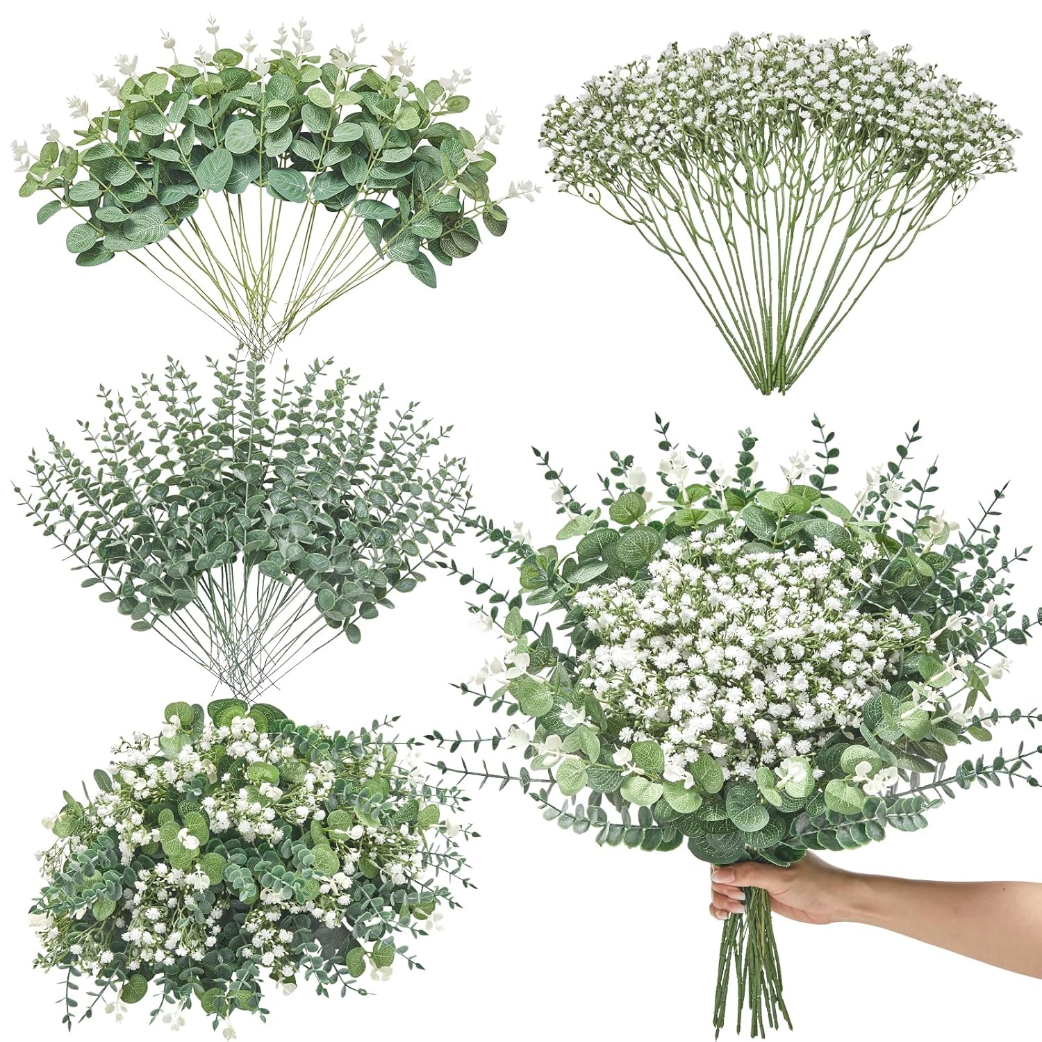 100 Pcs Mixed Artificial Eucalyptus Stems,Babys Breath Artificial Flowers Bulk With Faux Eucalyptus Leaves Greenery Stems For Wedding Diy Bouquets Floral Arrangement Home Decor