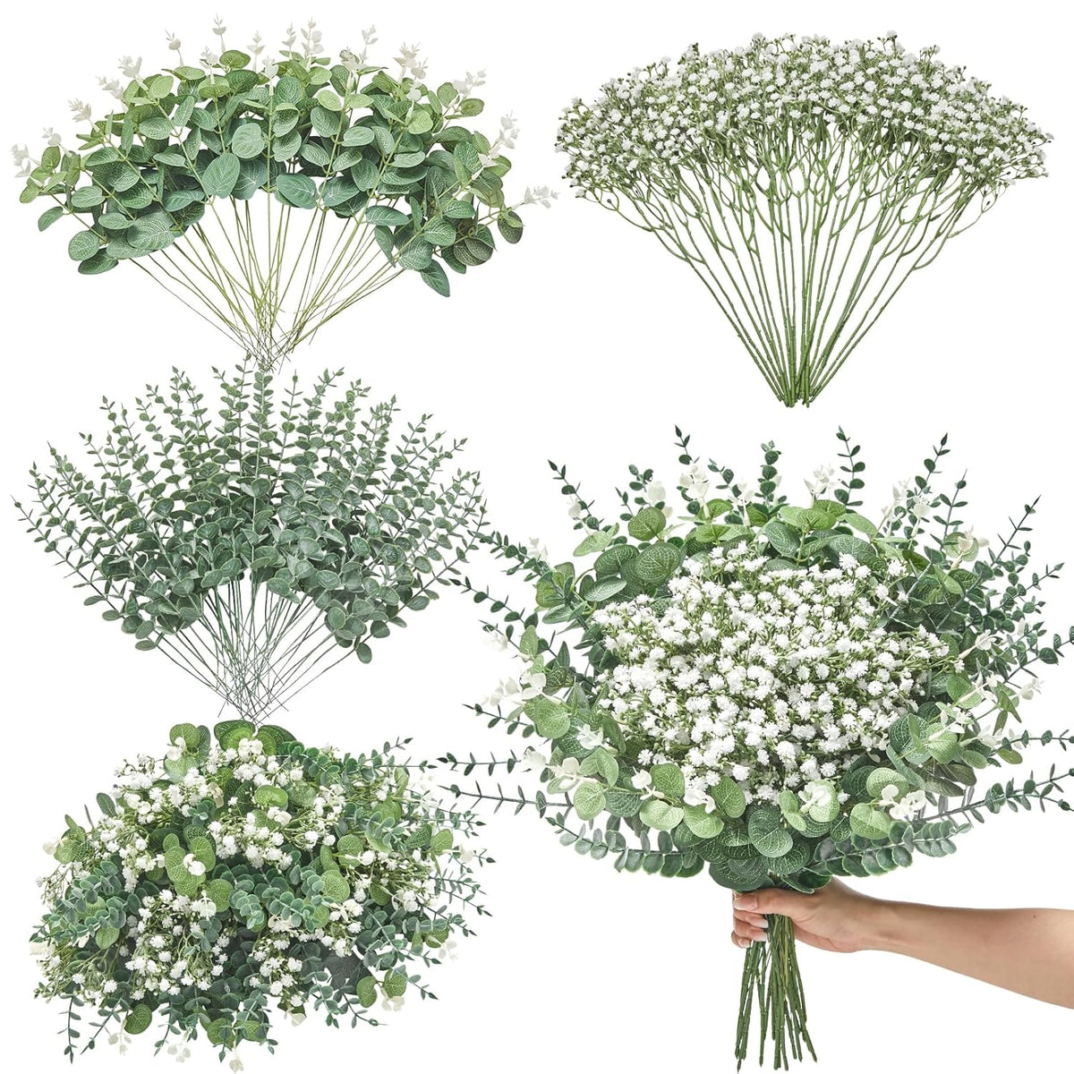100 Pcs Mixed Artificial Eucalyptus Stems,Babys Breath Artificial Flowers Bulk With Faux Eucalyptus Leaves Greenery Stems For Wedding Diy Bouquets Floral Arrangement Home Decor