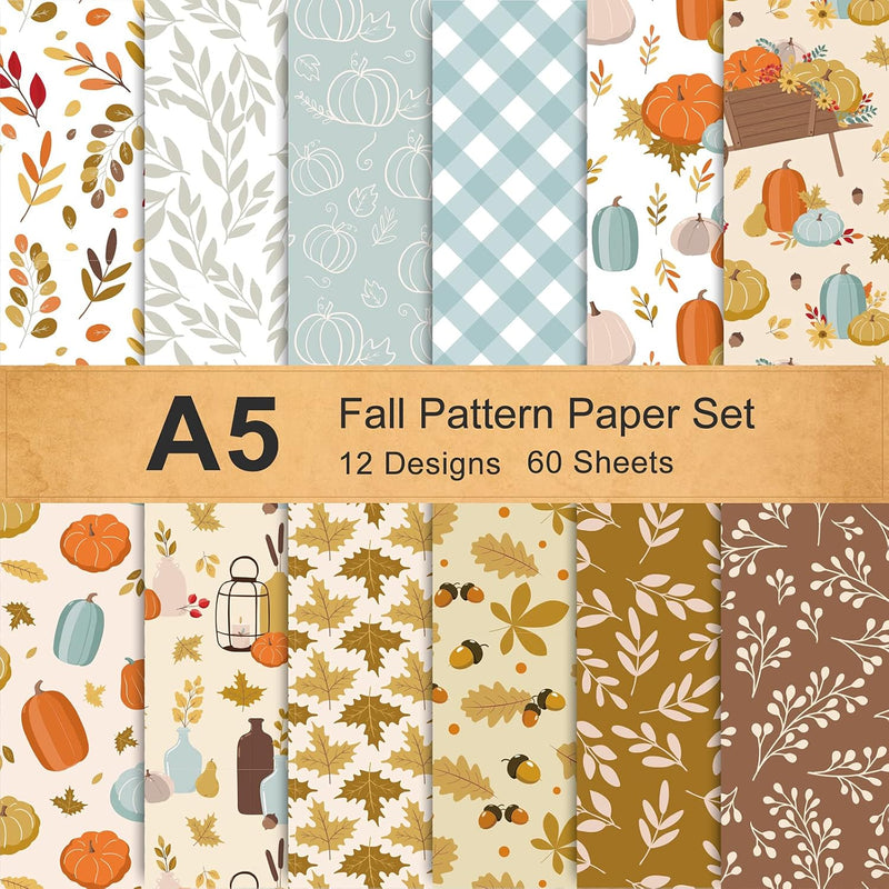 12 Designs Autumn Pattern Paper Pack A5 Size Pumpkin Fall Leaves Scrapbook Pap