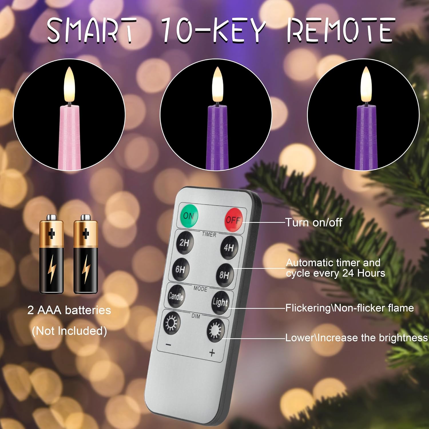 Flamelss Advent Candles, 9.6" Real Wax Flameless Taper Candles With Remote, 4 Pack Flickering Led Candle Battery Operated Candlesticks For Christmas, Catholic, Advent, Wreath, Purple And Pink