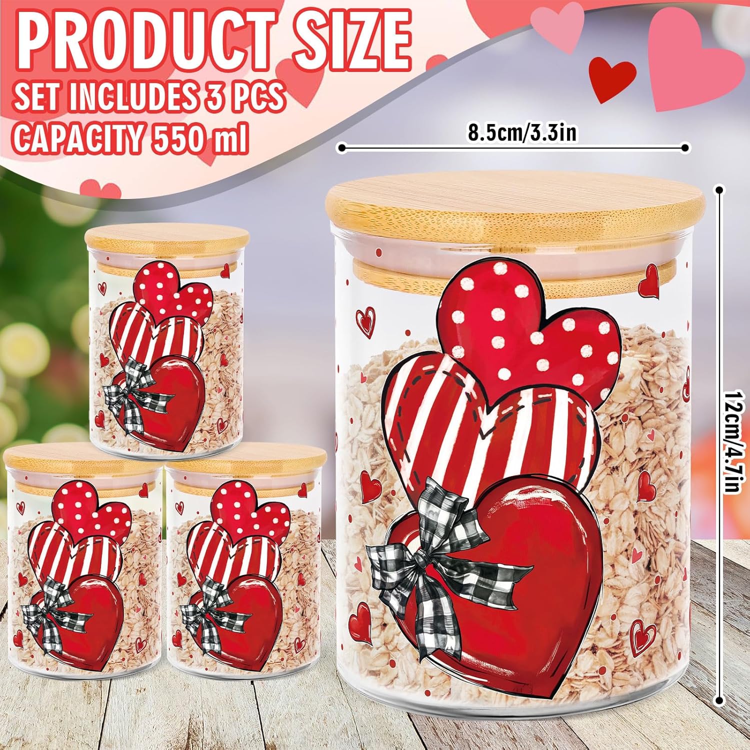 3Pcs Valentine' S Day Glass Storage Jars Red Stripe Polka Dot Heart Clear Canisters Set With Airtight Lid For Wedding Home Kitchen Countertop Decor