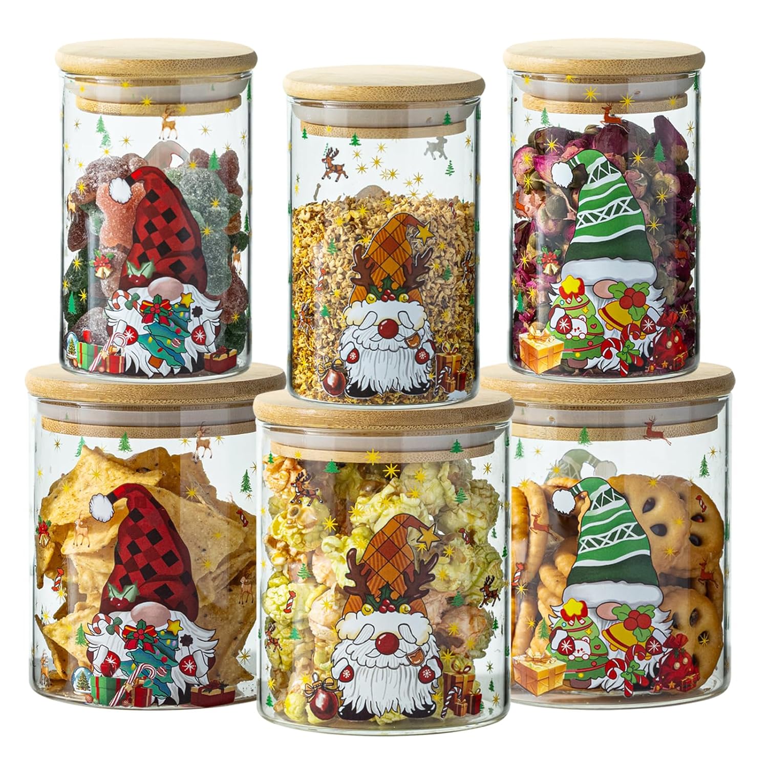 Christmas Glass Jars With Bamboo Lids - Glass Pantry Storage Containers With Lids For Winter Xmas, Christmas Kitchen Decor, Cookie Jar & Candy Jars-Set Of 6 (3 Large & 3 Small)