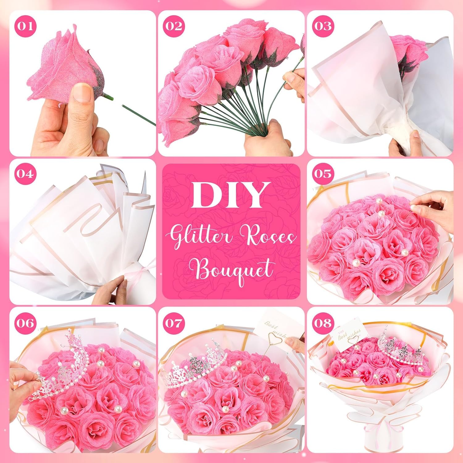 Glitter Roses Bouquet, Pink Flower Bouquet, Diy Fake Rose Flowers, Birthday Gifts For Women, Artificial Rose With Wrapping Paper Crowns Cards For Valentines Day Anniversary Engagement Wedding