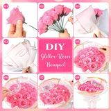 Glitter Roses Bouquet, Pink Flower Bouquet, Diy Fake Rose Flowers, Birthday Gifts For Women, Artificial Rose With Wrapping Paper Crowns Cards For Valentines Day Anniversary Engagement Wedding