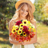 12 Bundles Artificial Flowers, Artificial Sunflower Bouquets Artificial Chrysanthemum Eucalyptus Stems Maple Leaves Fake Wildflowers For Home Diy Garden Craft Art Decor (Mixed)