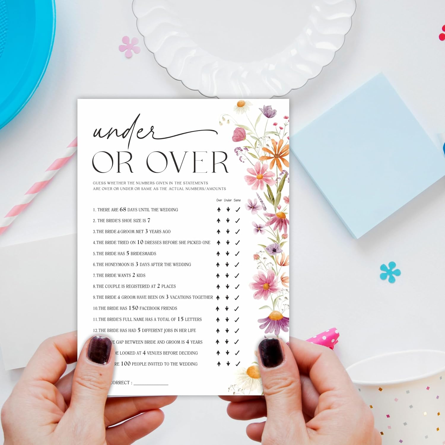 Floral Under Or Over Wedding Game Cards -5 X 7 Inches Double -Sided Fill-In Wedding Shower Games For 30 Guests -Newlyweds, Bridal Shower Activities Supplies & Decor -A04