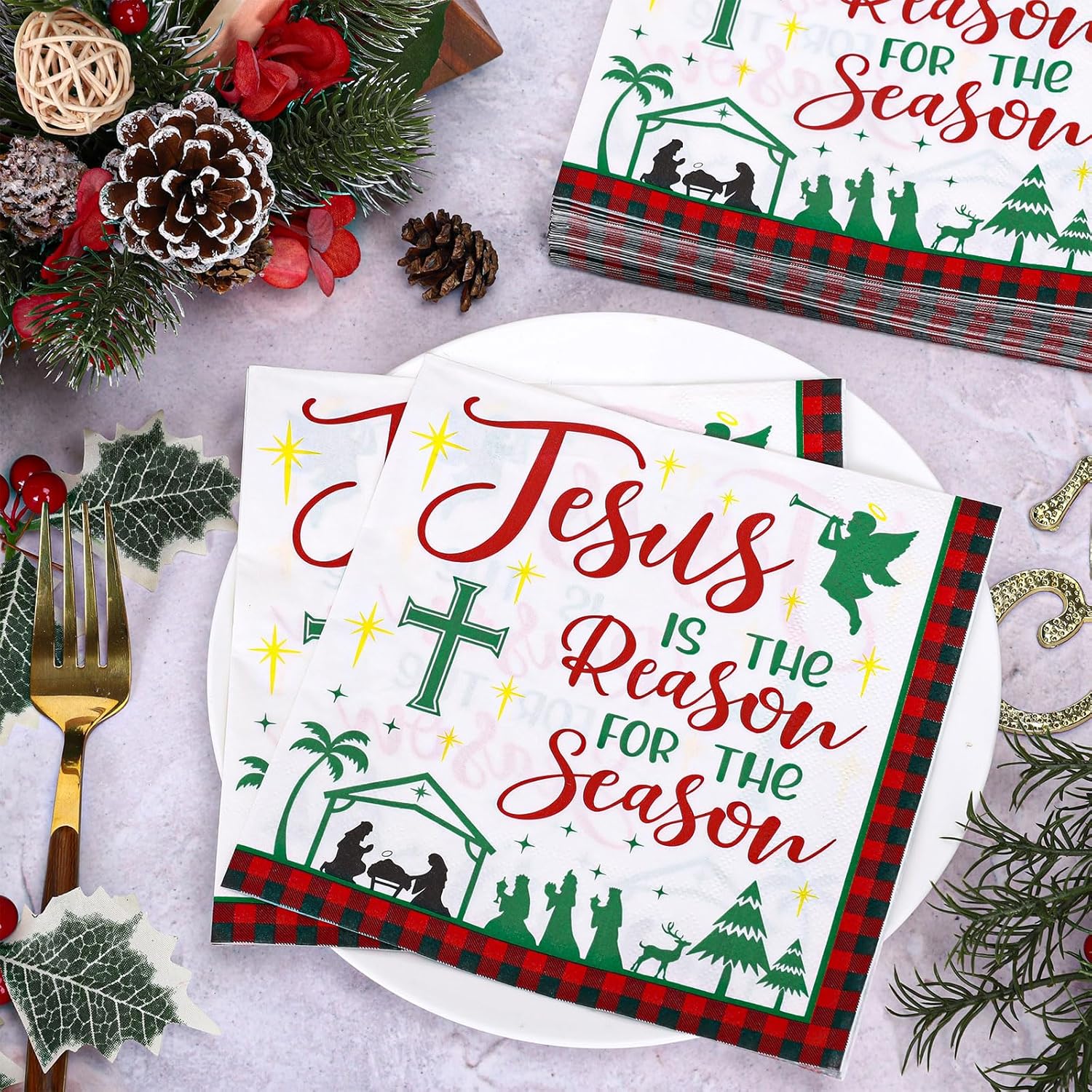 50Pcs Christmas Nativity Paper Napkin Plaid Christian Disposable Napkin Holy Night Dessert Dinner Hand Napkin For Xmas Holiday Party Supplies