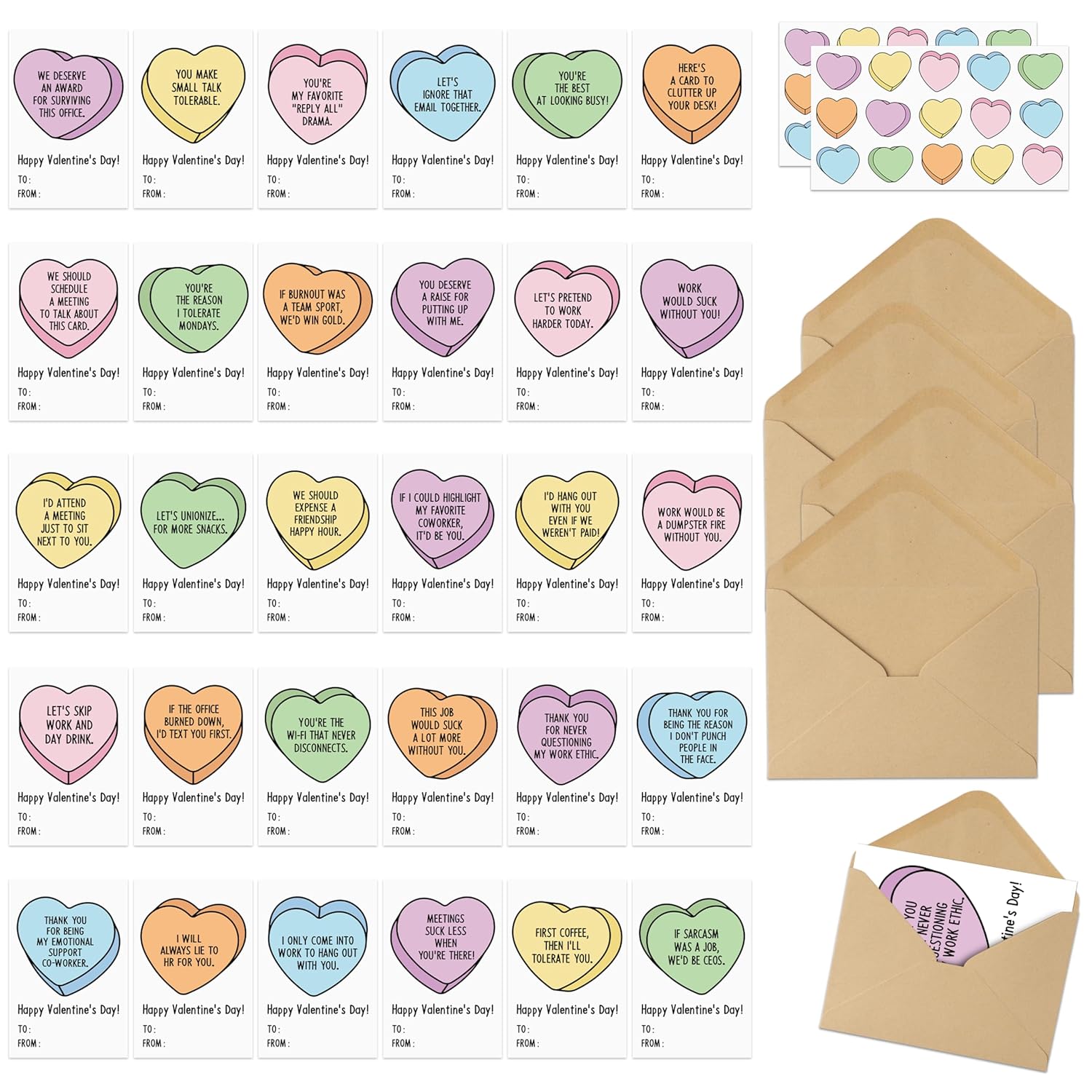 Funny Coworker Valentines Cards - 30 Set Humorous Valentine'S Day Conversation Hearts Greeting Cards Bulk Boxed With Envelopes Stickers, Holiday Notecard Gifts For Coworker Colleague Friends