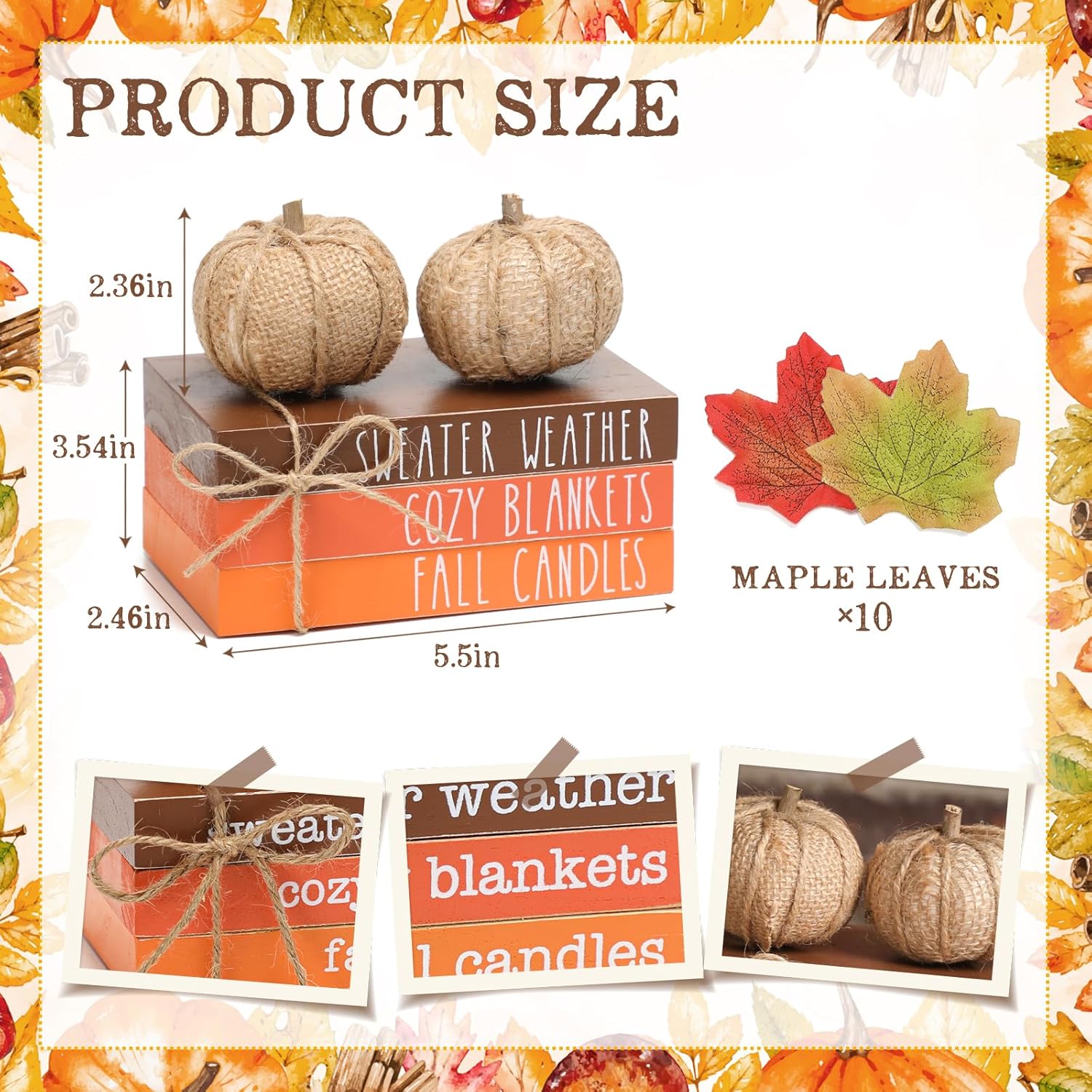 Thanksgiving Decor, Fall Tiered Tray Decor, Wood Book Stack With Maple Leaves & Pumpkins, Farmhouse Mini Decorative Books Bundle, Fall Decor For Table