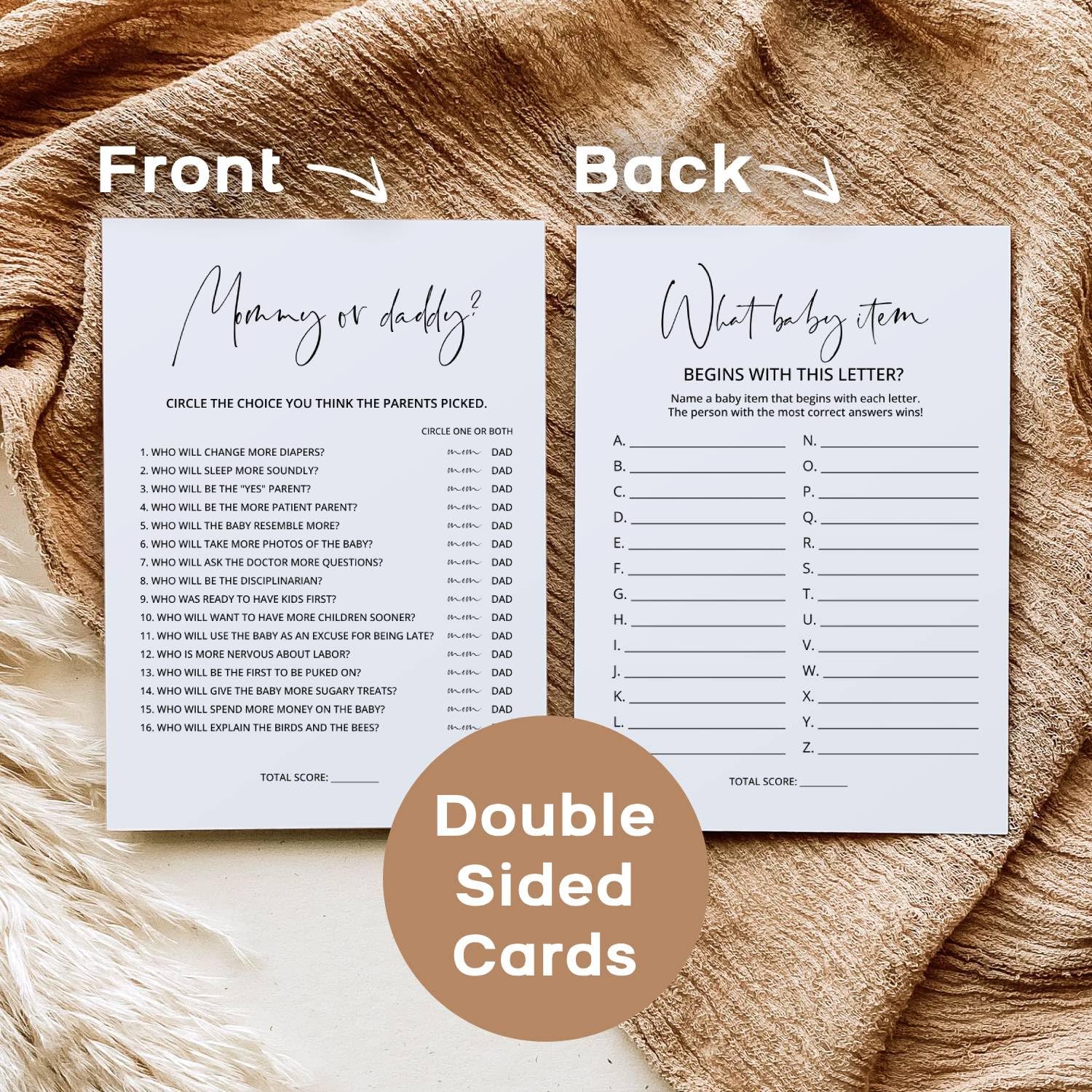 Baby Shower Games, Set Of 4 Minimalist Baby Shower Games For 30 Guests, Boy Or Girl, Double-Sided Cards, 30 Pencils (Minimalist)