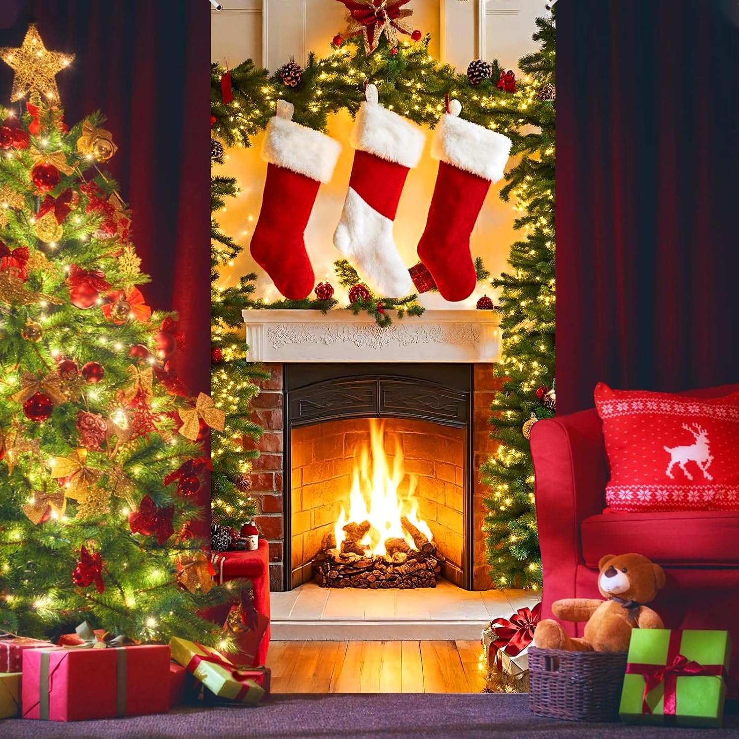 Christmas Fireplace Door Cover Banner With Stockings & Sign - Photo Booth Prop Background For Holidays Indoor/Outdoor