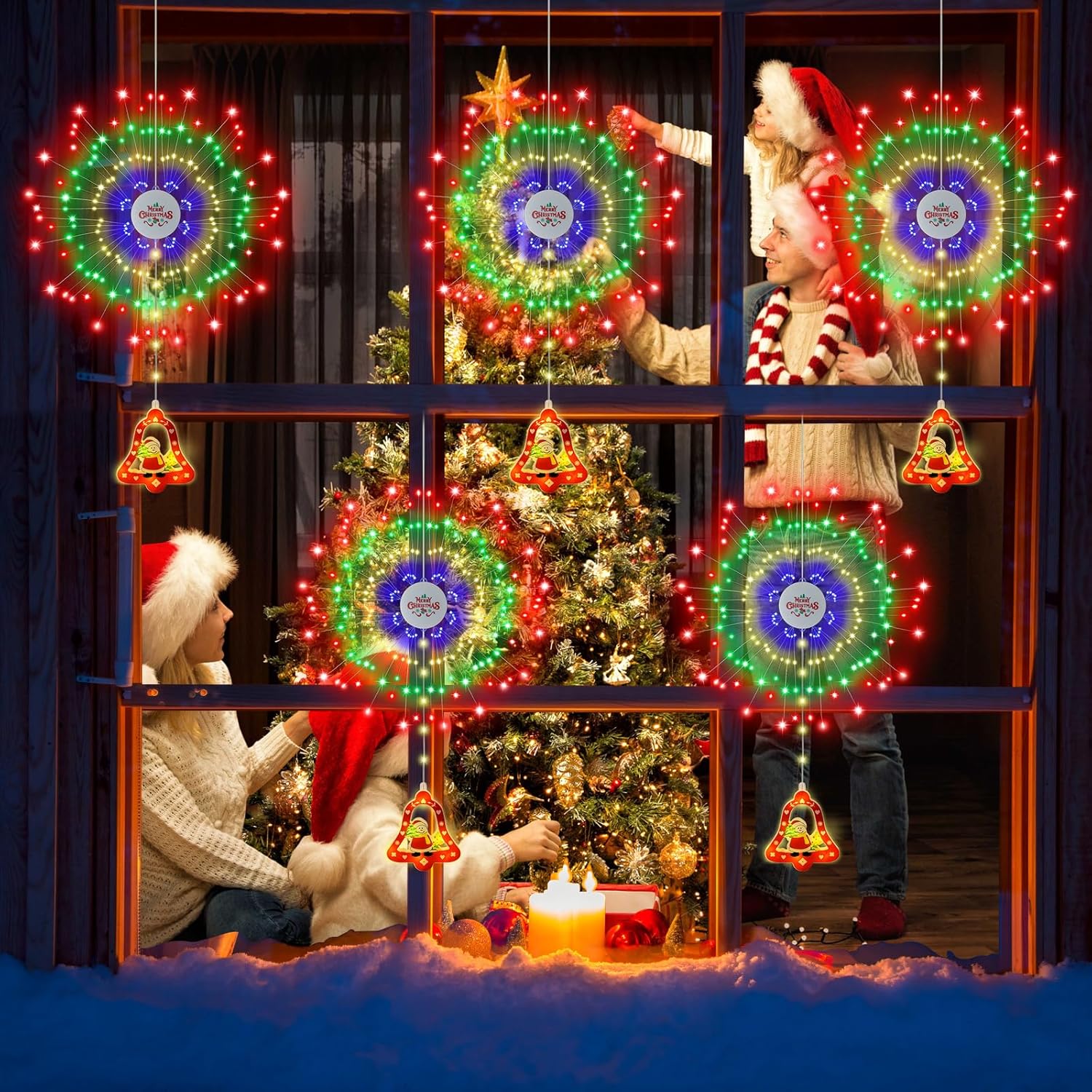 Christmas Window Decorations Lights With Bell 192 Led Firework Lights 8 Modes Battery Operated Christmas Light With Remo